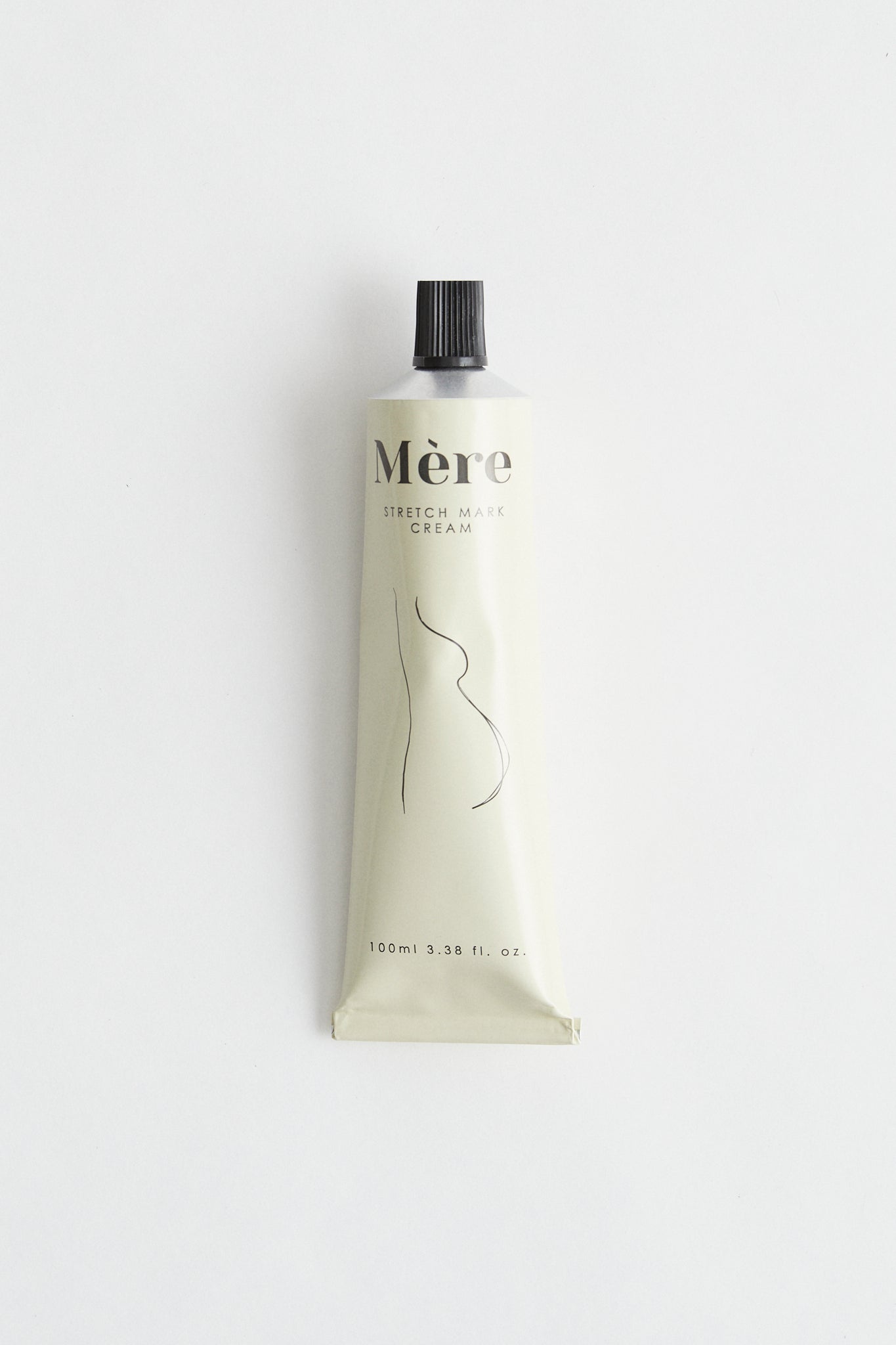 Stretch mark cream in cream coloured aluminium tube, black lid, black line drawing. Mere branding