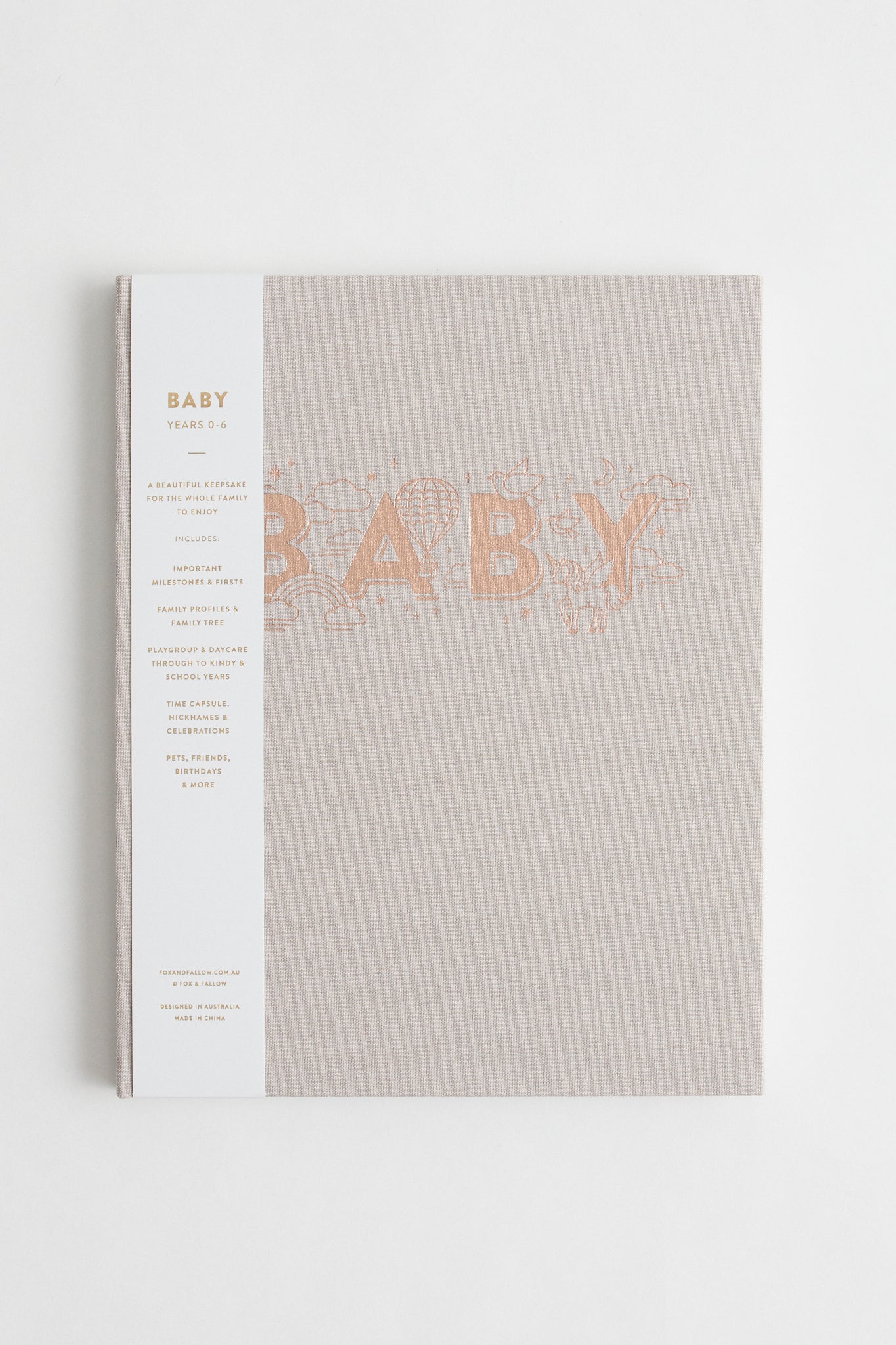 Baby Book natural linen cover stamped with baby in rose gold foil