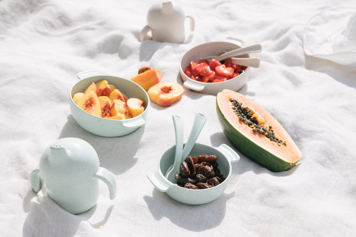 Wheat straw dinnerware set in Mint, -Set contains: sippy cup, large bowl, small bowl, spoon & fork