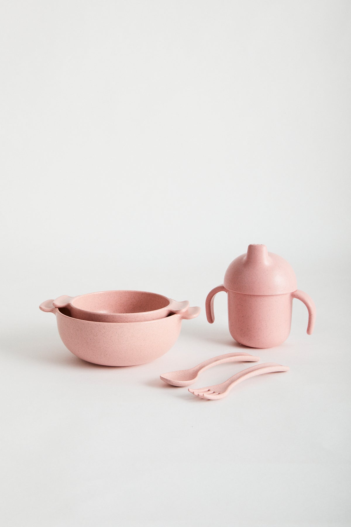 Wheat straw dinnerware set in Rose, -Set contains: sippy cup, large bowl, small bowl, spoon &amp; fork