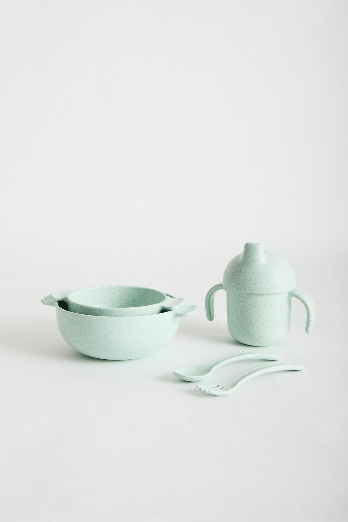 Wheat straw dinnerware set in Mint, -Set contains: sippy cup, large bowl, small bowl, spoon &amp; fork