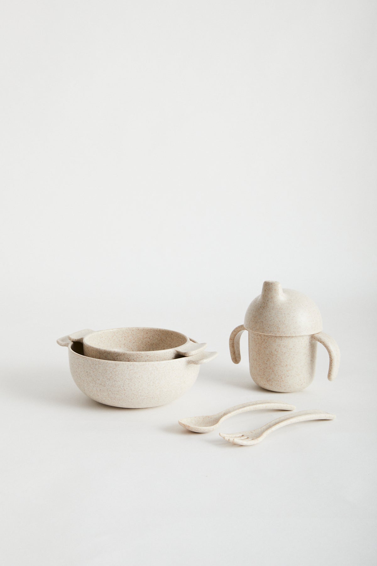 Wheat straw dinnerware set in Oat, -Set contains: sippy cup, large bowl, small bowl, spoon &amp; fork