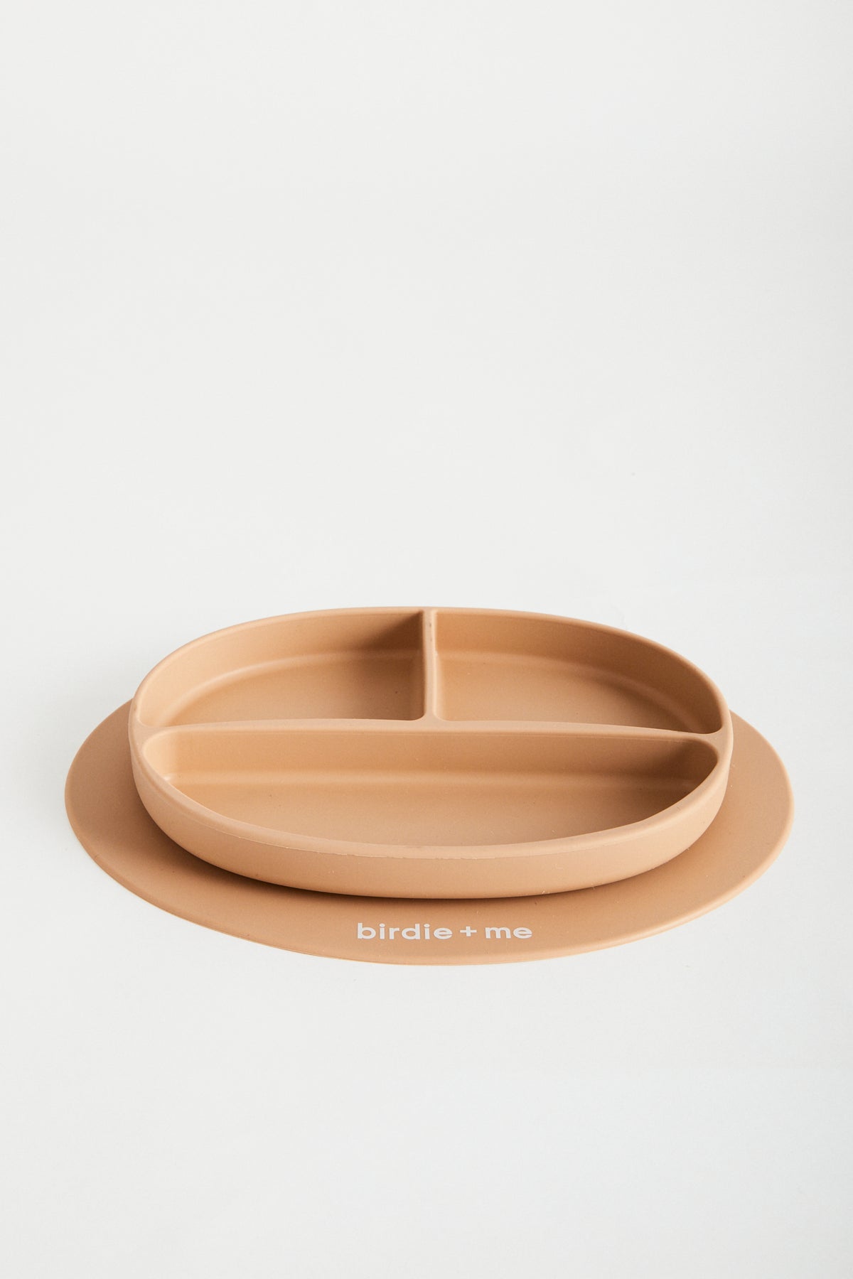 Silicone suction plate in blush. Featuring dividers and birdie + me logo.