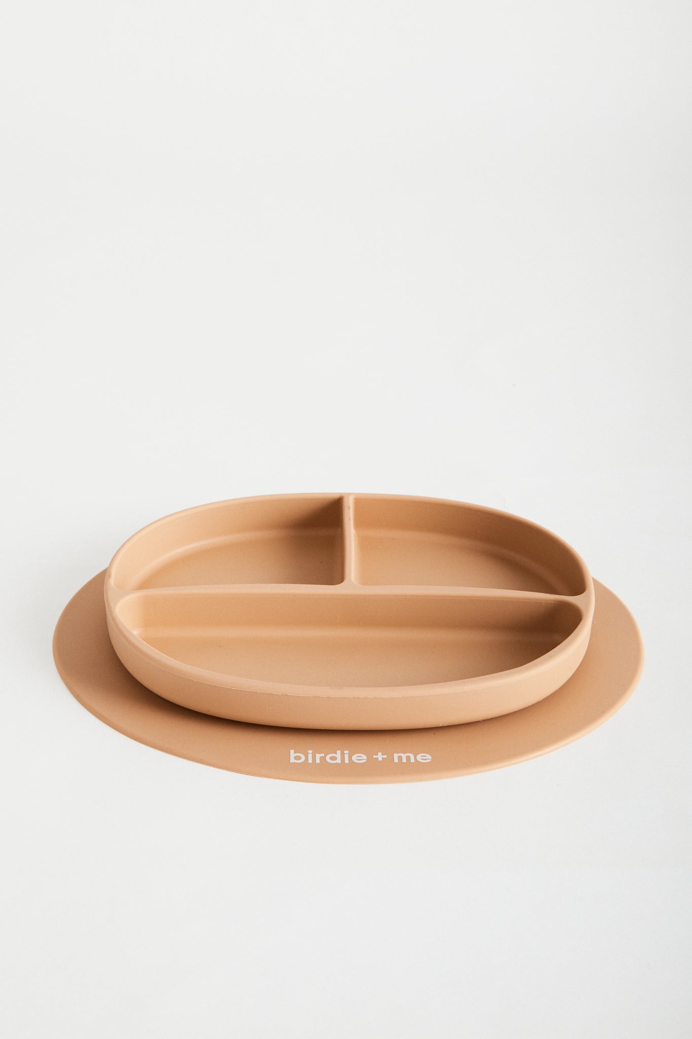 Silicone suction plate in blush. Featuring dividers and birdie + me logo.