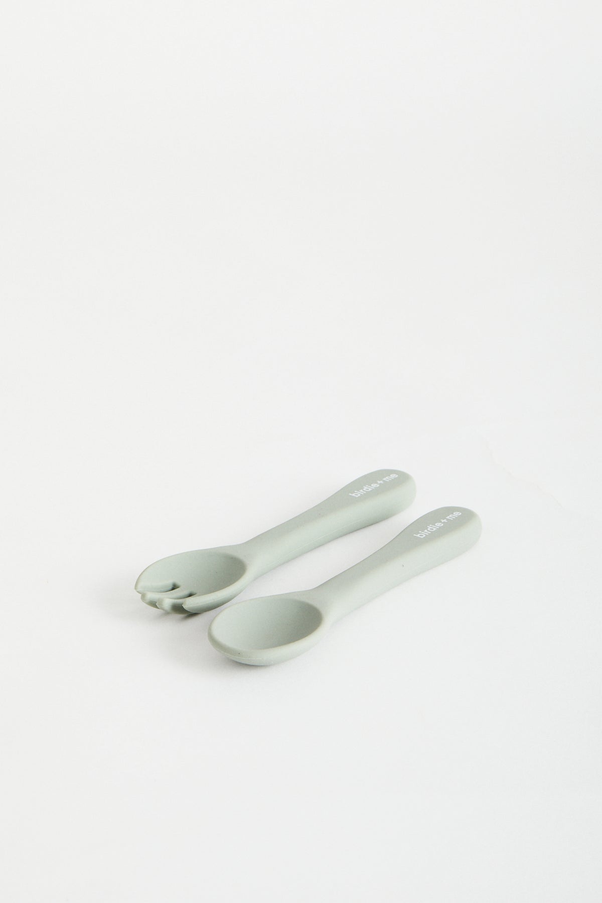 Silicon spoon &amp; fork set in Teal, birdie + me logo on handle.