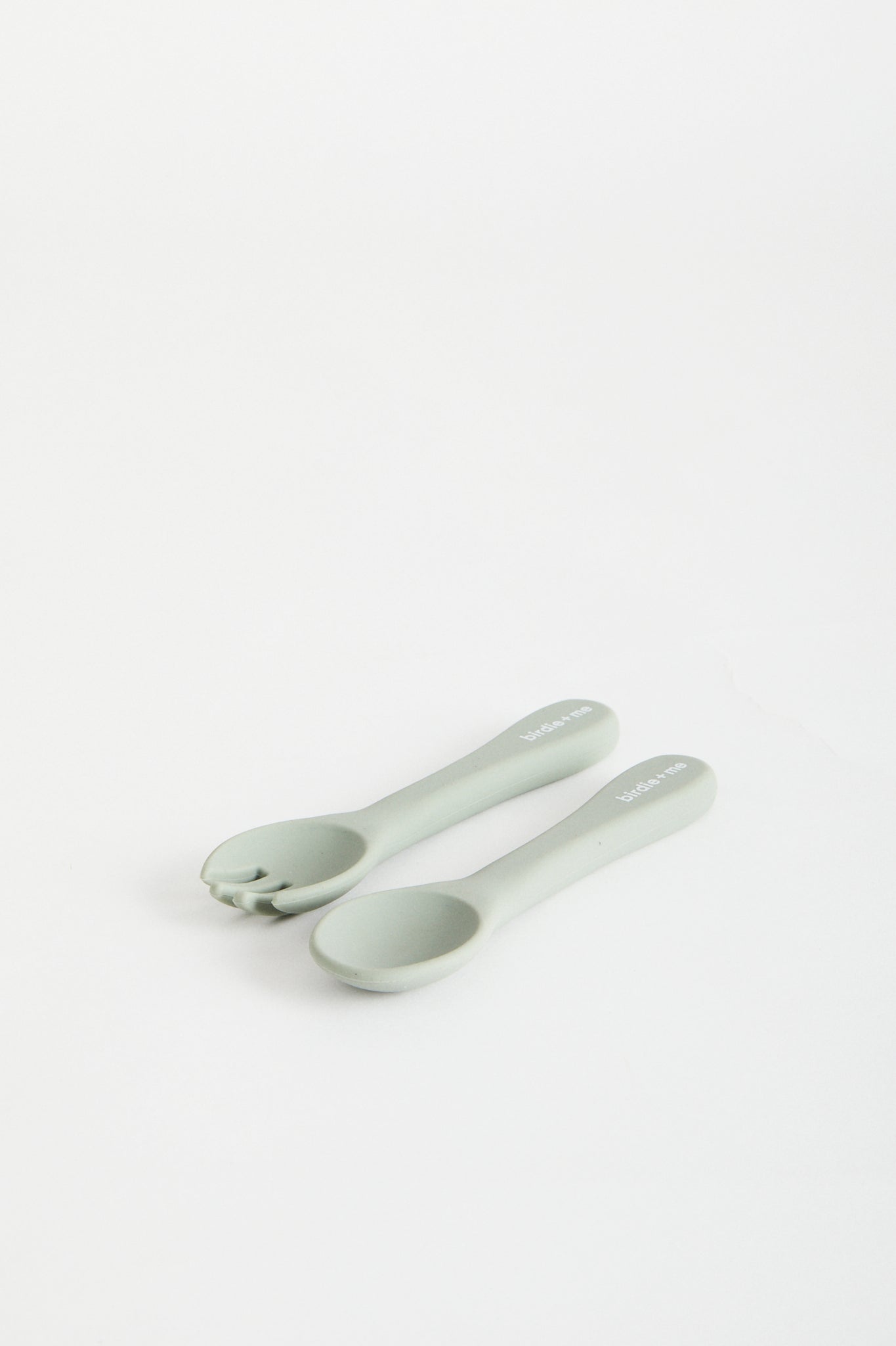 Silicon spoon & fork set in Teal, birdie + me logo on handle.