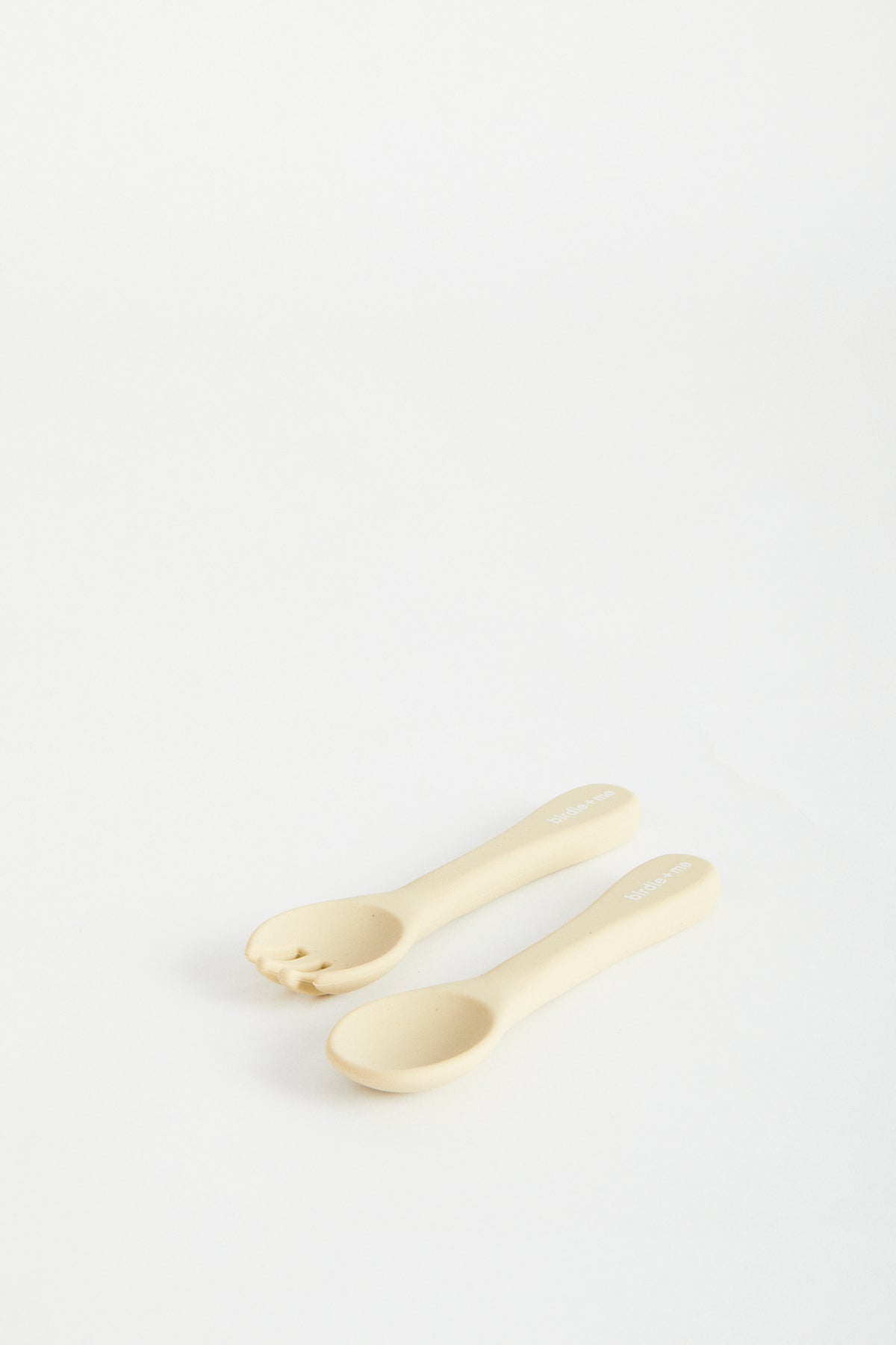 Silicon spoon &amp; fork set in Honey, birdie + me logo on handle.