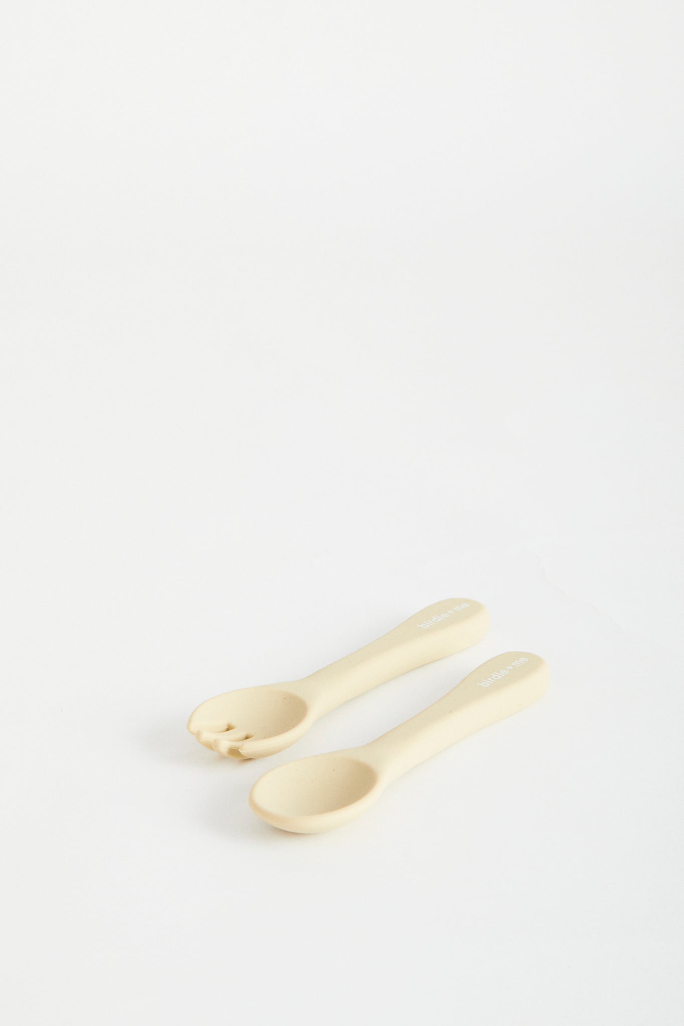 Silicon spoon & fork set in Honey, birdie + me logo on handle.