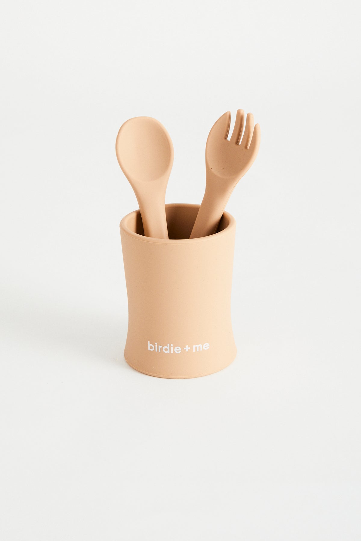 Silicon spoon &amp; fork set in blush, teamed with silicone cup in blush.