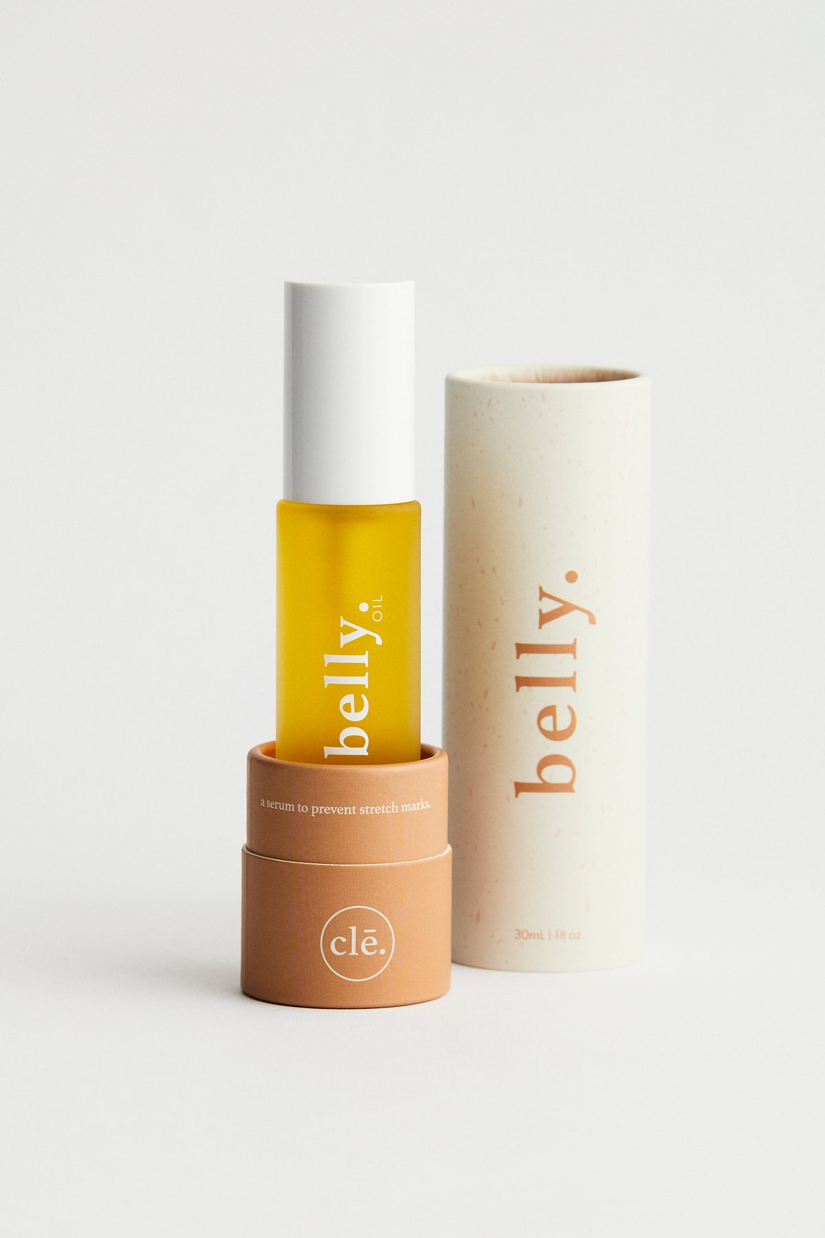 pregnancy belly oil in 30ml glass bottle. packaged in cylinder cardboard box