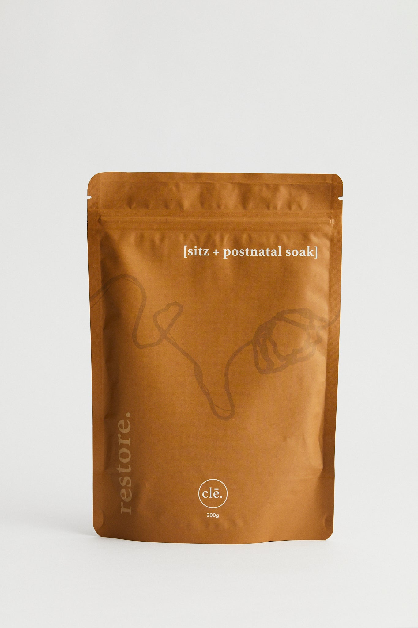 Tan colour biodegradable resealable pouch. White writing. 