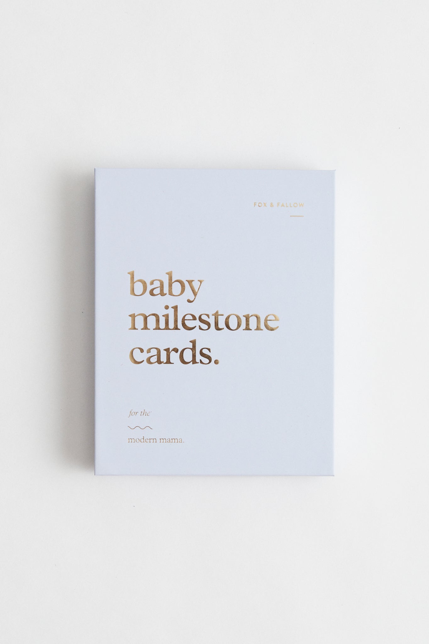 Baby Milestone cards in powder blue, with gold foil stamping. Packaged in keepsake box.