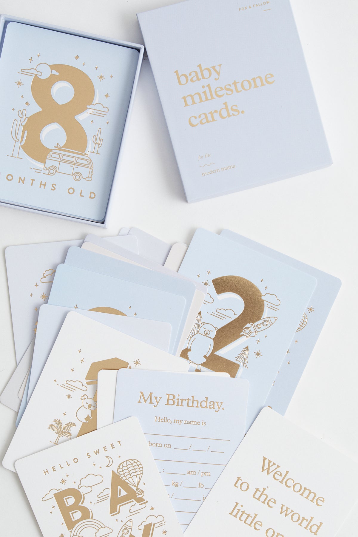 Baby Milestone cards in powder blue, with gold foil stamping. Packaged in keepsake box.
