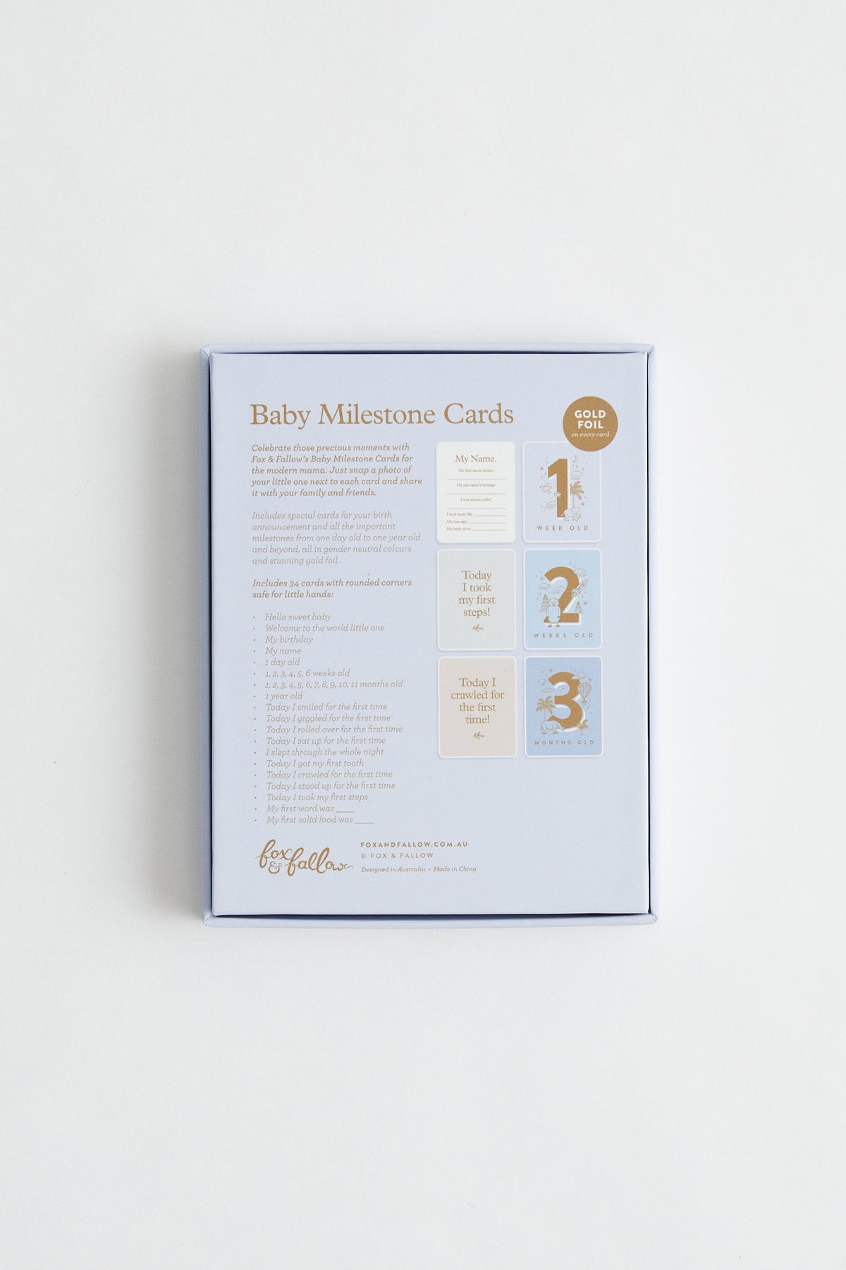 Baby Milestone cards in powder blue, with gold foil stamping. Packaged in keepsake box.