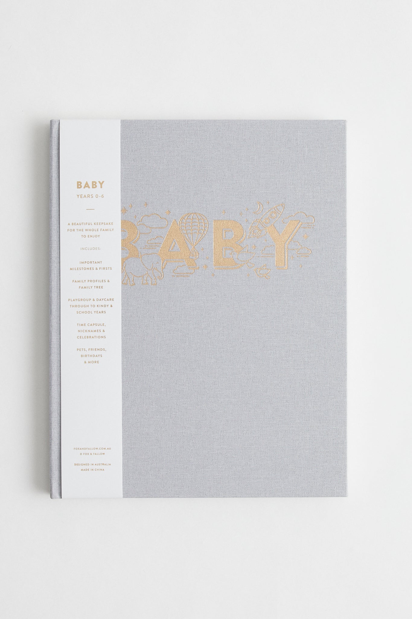 Baby Book Grey linen cover stamped with baby in gold foil
