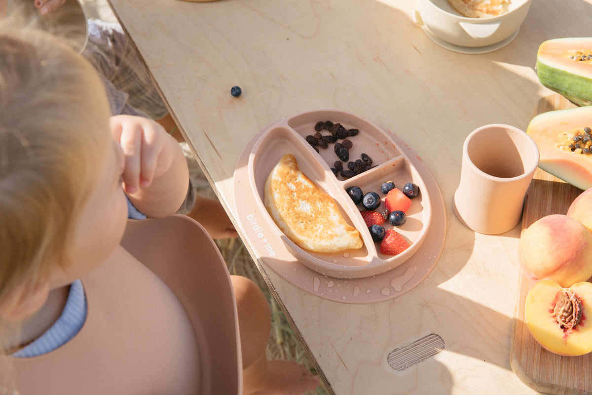 Silicone suction plate in blush. Featuring dividers and birdie + me logo.